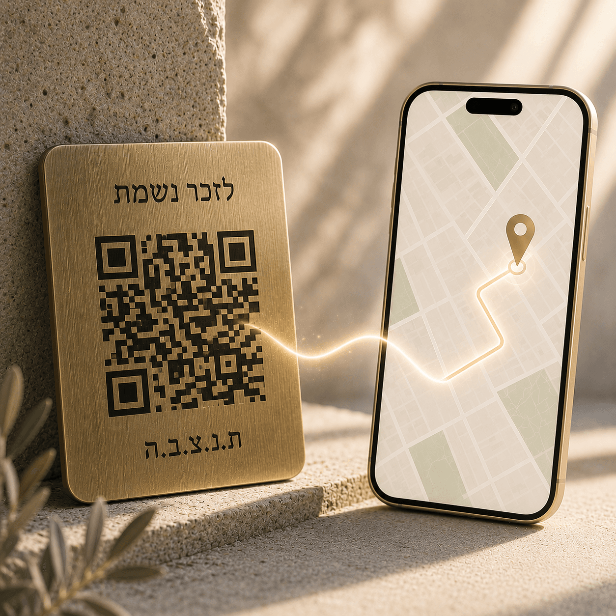 Memorial plaque with QR code and smartphone showing directions to the grave